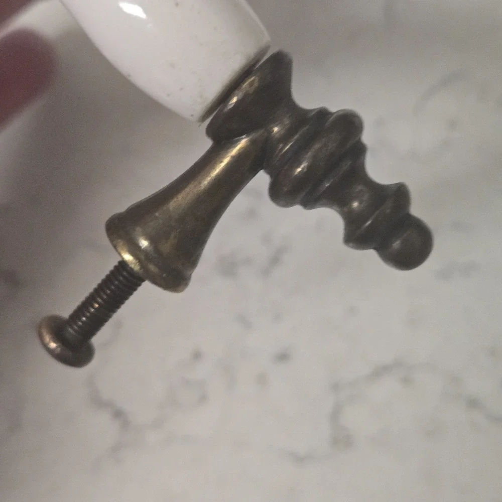 21 Antique White Porcelain & Brass Drawer Pull Cabinet Handles Heavy Patina READ